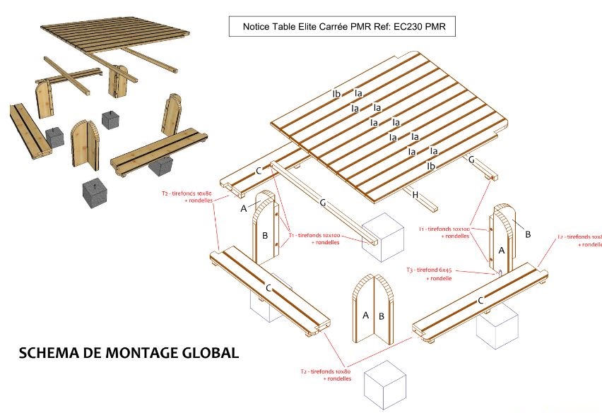 Table Elite Carrée PMR - Réf: EC230 PMR - 2,30m x 2,30m x 0,75m - Piétement bois - Livrée en KIT_2