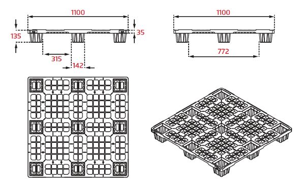 Palette légère en plastique 1100 x 1100 mm - BL1111PG - plateau ajouré, 9 pieds emboîtables, charge 2500 kg_2