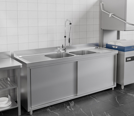 Plonge en inox sur meuble 180 x 70 cm avec 2 cuves au centre_2