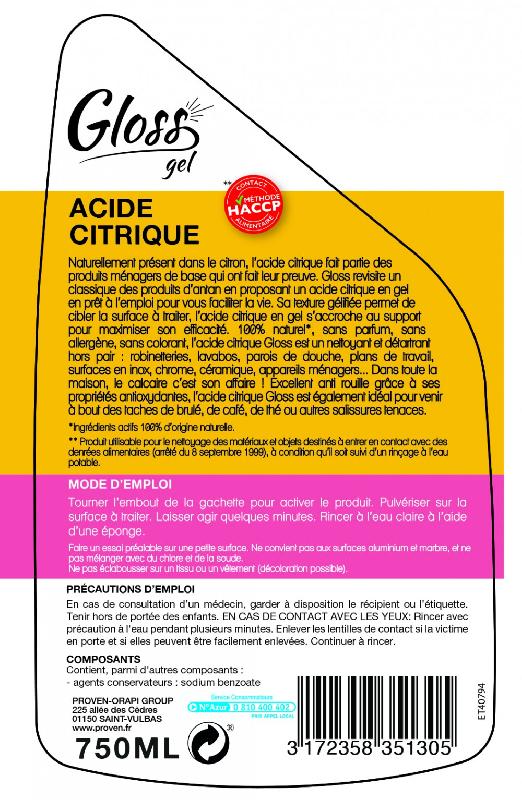 Acide citrique en gel multisurface GLOSS Gel 750 ml - détartrant naturel, anti-rouille, compatible contact alimentaire_2
