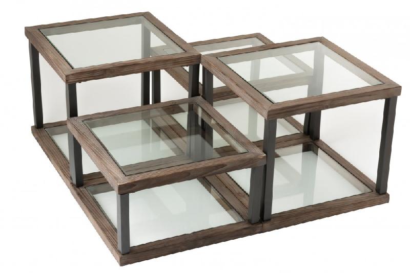Set de 4 tables basses carrées SQUA - Bois marron et verre transparent - Design sobre et rustique_2