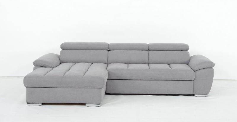 Canapé d'angle gauche convertible avec méridienne coffre Kid - Tissu gris clair - Couchage 140x200 cm - Pieds métal chromé_2