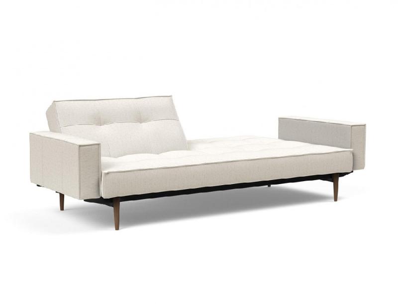 Canapé convertible Splitback Styletto avec accoudoirs - pieds fuseau chêne noyer - tissu bouclé Off White - couchage 115x210 cm_2