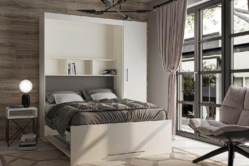 Composition armoire-lit Lutecia blanc mat - Couchage 140x190 cm avec colonne armoire et rangements intégrés_2