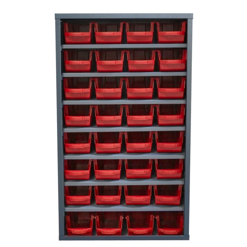 Armoire à bacs avec portes verrouillables - 40 bacs polypropylène, structure acier - Sans portes / Rouge / 32 x 10L_2