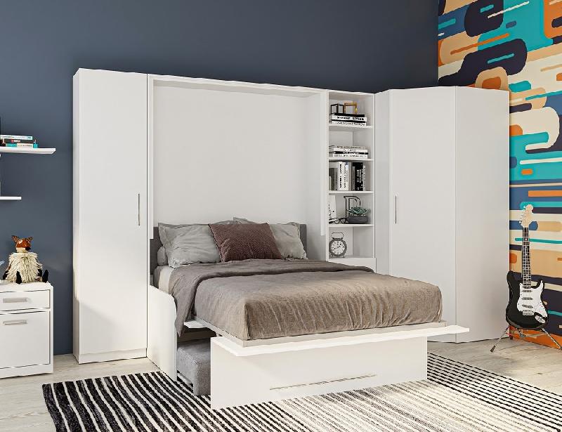 Composition angle lit escamotable Sofa Automatica - Canapé microfibre gris 140x200 cm avec rangement intégré_2