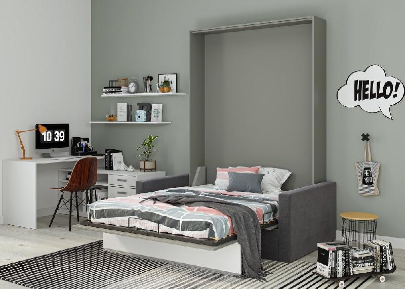 Armoire lit escamotable DJUKE SOFA - canapé gris 140x200 cm avec bandeau blanc mat - confort et fabrication européenne_2