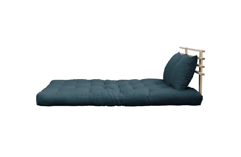 Canapé lit futon SHIN SANO - bleu pétrole et pin massif - couchage 140x200 cm avec matelas épais et coussins inclus_2