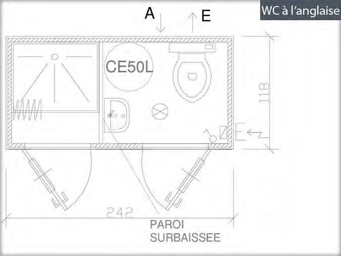 Bungalow sanitaire de chantier avec un WC à l'anglaise, une douche et un lave-mains -  SD1_2