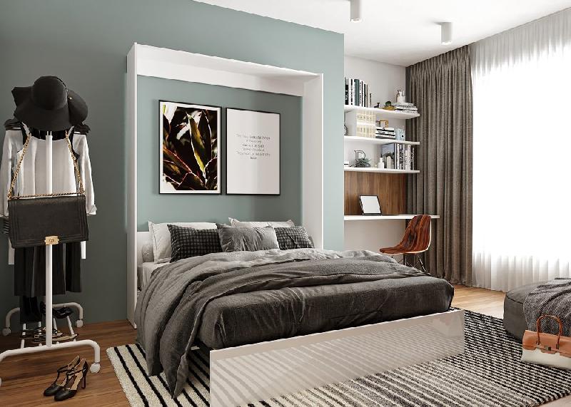 Armoire lit escamotable ultra plate Dynamo - Blanc mat et brillant effet miroir - Couchage 160x200 cm avec ouverture assistée_2