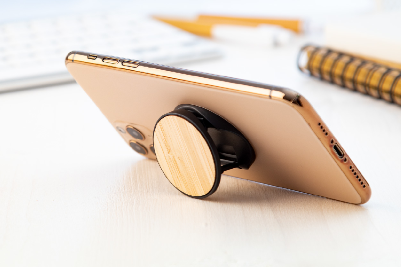 Support pour mobile rond en plastique avec base auto-adhésive et revêtement bambou - couleur noir, poids 8g_2