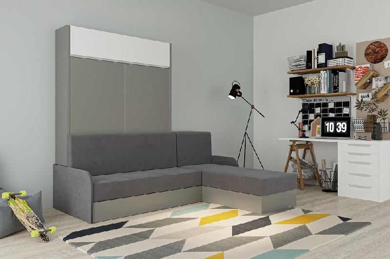 Lit escamotable Aladyno Sofa 140x200 cm - méridienne réversible tissu gris, bandeau blanc_2