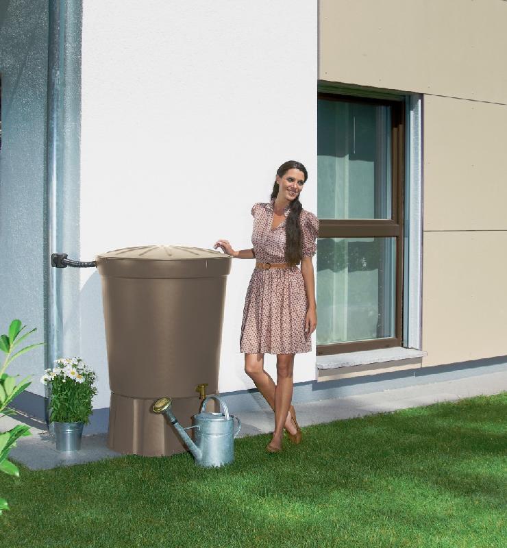 Récupérateur d'eau aérien GARANTIA - Cylindrique taupe - 300L avec couvercle et robinet PE_2