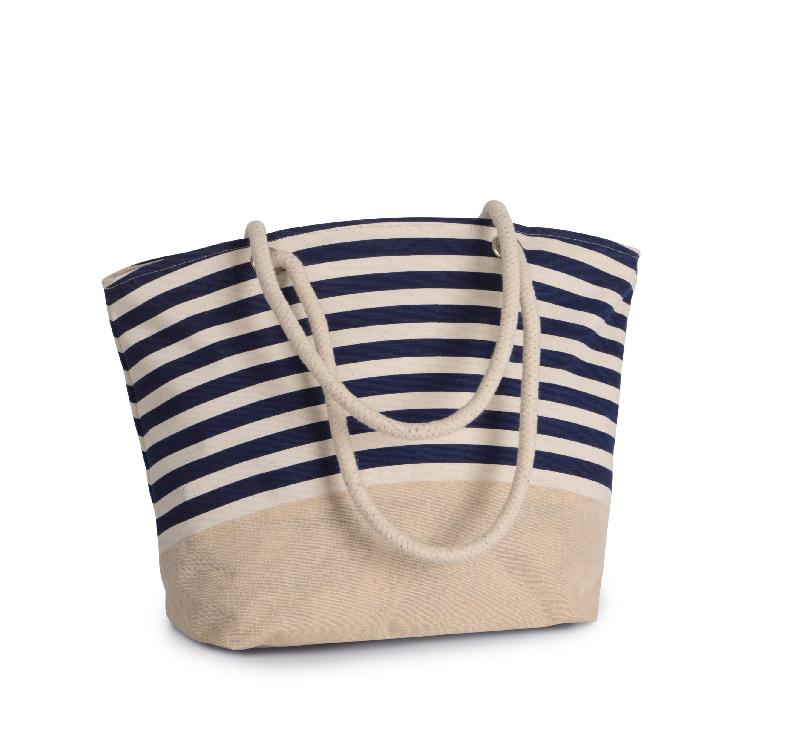 Sac shopping style marin en toile de jute - coton canvas - Kimood - Réf: KI0283 - fermeture zippée et poche interne_2