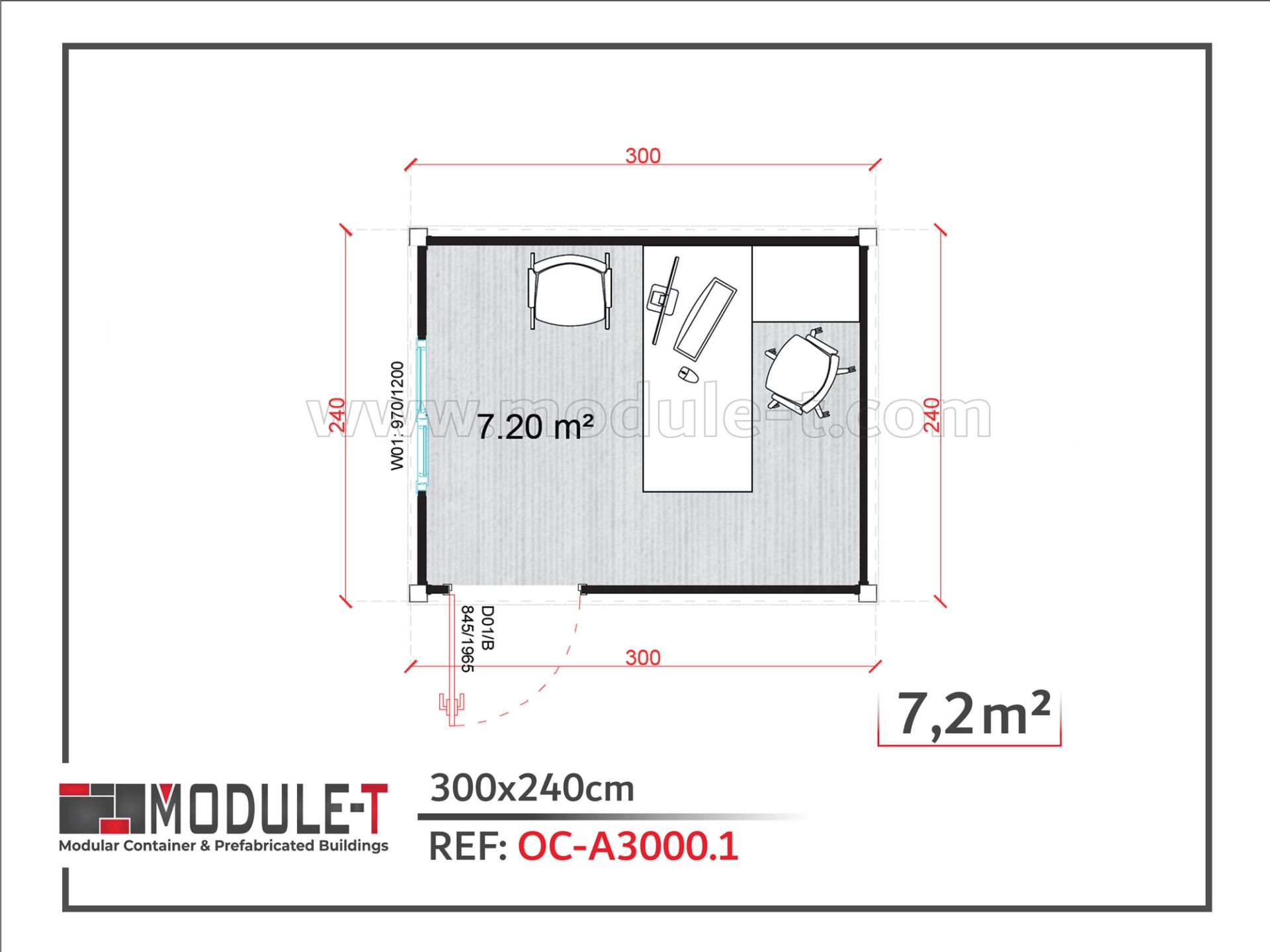 Bureau modulaire type économique - 10 pieds - structure en acier galvanisé - 7,20m2 - MODULE T FRANCE_2