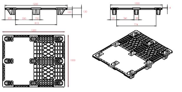 Palette légère en plastique 1200 x 1000 mm - BL 107 PG - plateau ajouré ou plein, 9 pieds emboitables_2