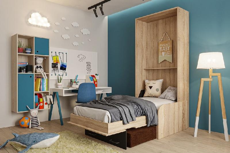 Lit escamotable industriel KEY SOFA - accoudoirs chêne - canapé avec tiroirs marron - couchage 90x200 cm_2