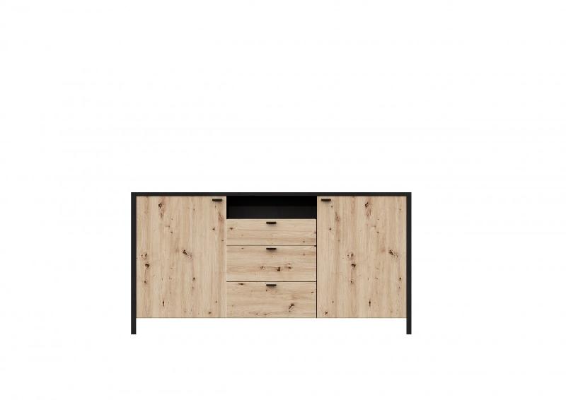 Buffet industriel INOUI - finition chêne artisan et acier, 2 portes, 3 tiroirs, niche ouverte_2