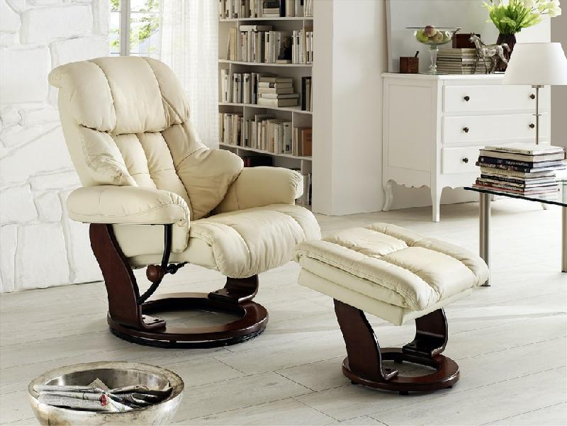 Fauteuil relax CLAIRAC - cuir crème - pied en bois noyer - avec repose-pied - inclinable à 135° et pivotant à 360°_2