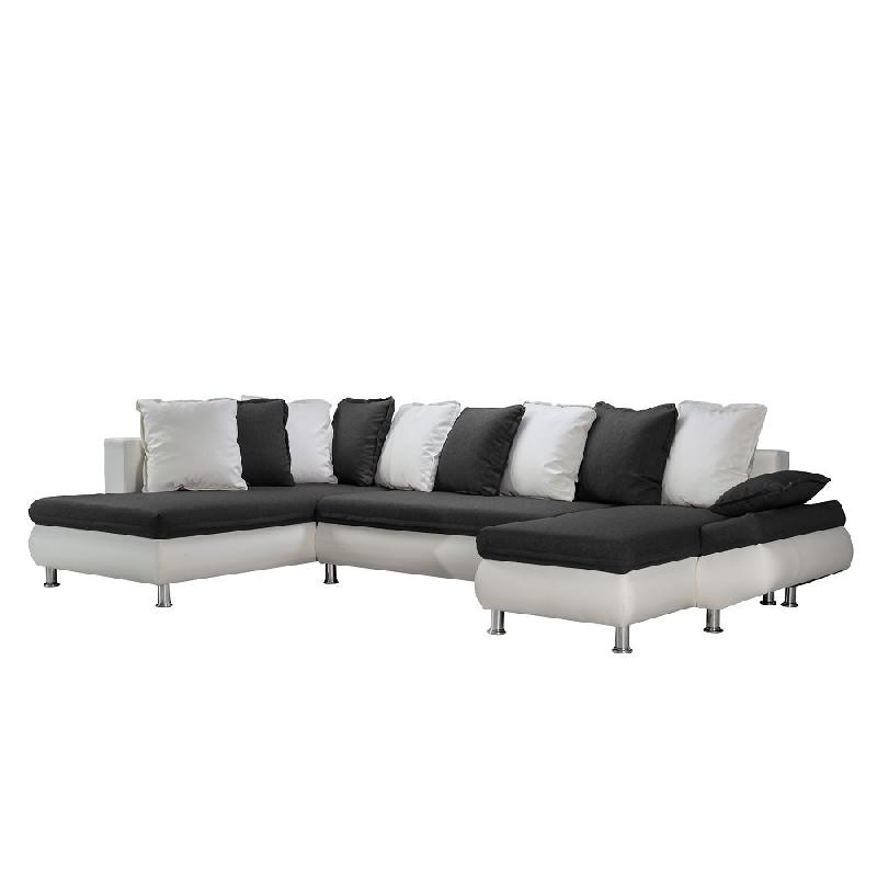 Canapé d'angle convertible panoramique Hamilton - tissu Savana noir et PU blanc avec méridienne gauche et chaise longue droite_2