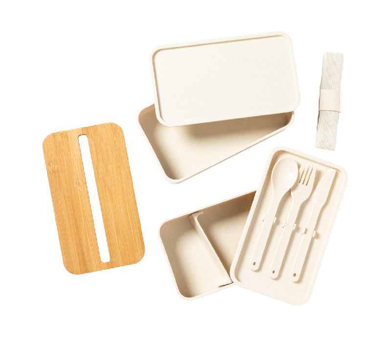 Lunch box en plastique PP - couvercle en bambou avec support téléphone - 2 compartiments de 700 ml avec couverts inclus_2
