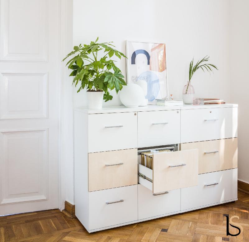 Armoire avec tiroirs pour le classement des dossiers suspendus - Blanc pastel, Blanc pastel, 3 cases_2