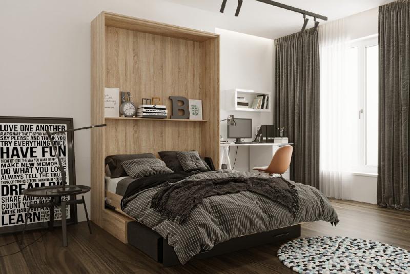 Lit escamotable style industriel KEY SOFA - 140x200 cm - Chêne naturel - Canapé 2 places avec tiroirs - Anthracite_2