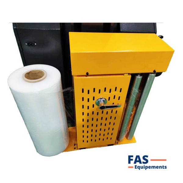 Robot filmeuse de palettes avec réglages ajustables et arrêt d'urgence