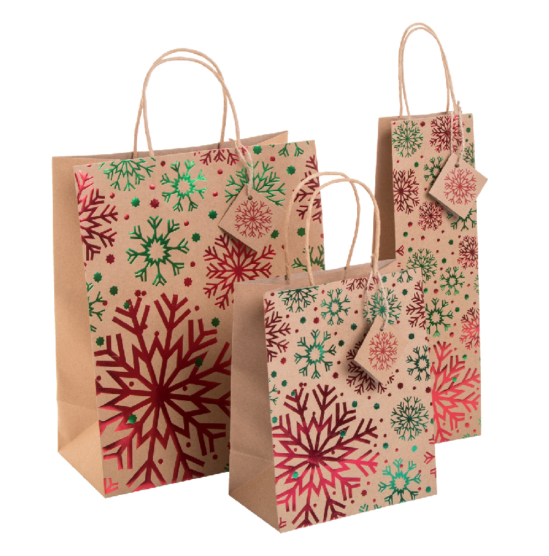 Sac cadeau Noël - Petit format en papier kraft recyclé avec motif estampillé, poignées rondes et étiquette cadeau_2