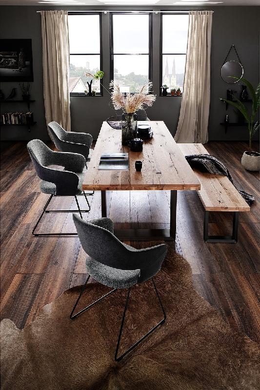 Lot de 2 chaises design NABAS - Tissu gris bimatière - Pieds traîneau en acier laqué anthracite_2