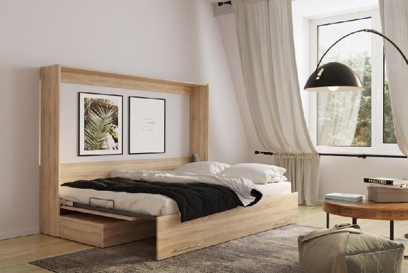 Armoire-lit escamotable VERTIGO SOFA - Chêne naturel - Canapé gris 4 coussins - Couchage 160x200 cm avec sommier à lattes_2