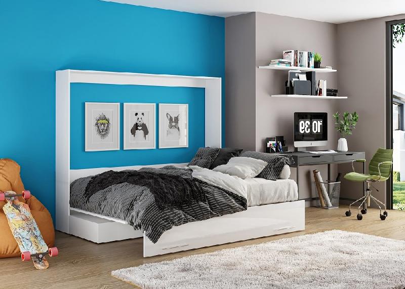 Armoire-lit escamotable VERTIGO SOFA - Façade blanc brillant - Canapé marron - Couchage 160x200 cm_2