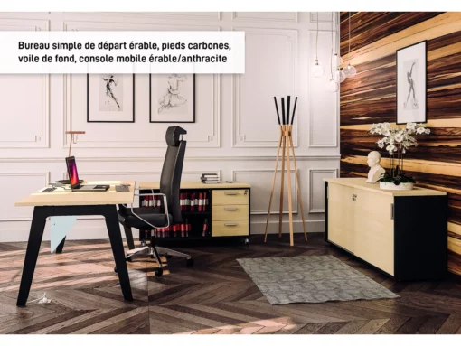 Bureau droit simple STEELY - L180 cm - Pieds carbone - Plateau imitation Érable - Neuf_2