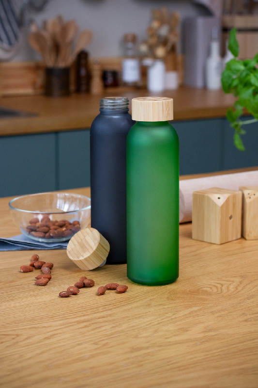 Gourde en verre givré - bouchon en bambou - 500 ml - couleur verte_2