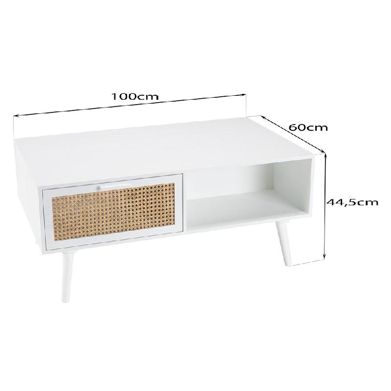 Table basse ANDROS blanche - cannage naturel, 2 tiroirs et 1 niche_2