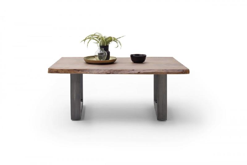 Table basse CLAREN - Plateau 110 cm en acacia massif teinte noyer - Piétement U acier finition vintage_2