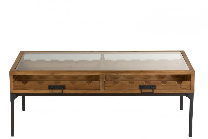 Table basse industrielle FAKY - 2 tiroirs pour bouteilles - métal noir et bois naturel_2