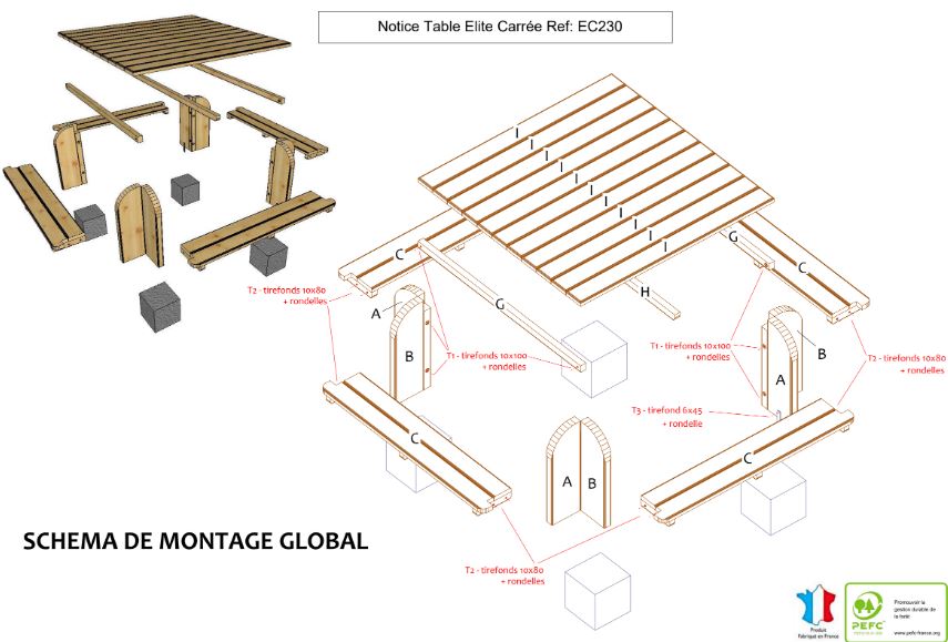 Table Elite Carrée - Réf: EC230 - Piétement et Plateau Bois - 2,30m x 2,30m x 0,75m_2