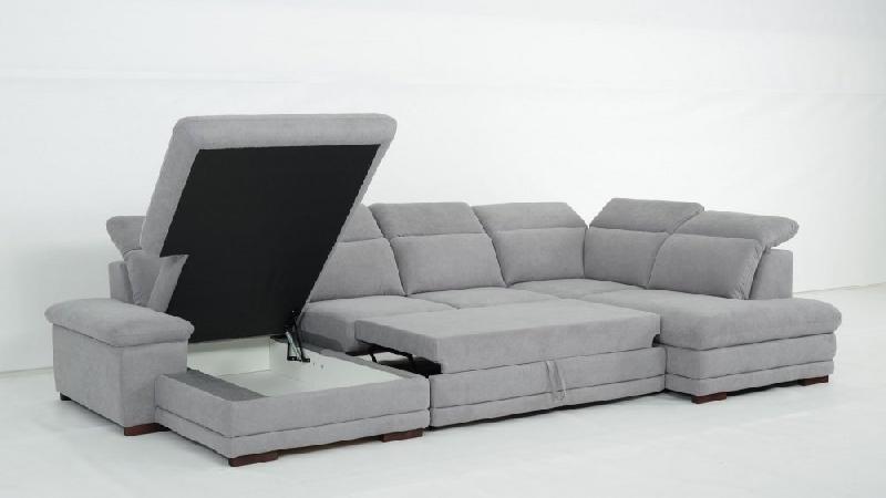Canapé d'angle gauche convertible panoramique Marcus - tissu gris clair - méridienne avec coffre, têtières réglables et lit gigogne 265x126 cm_2