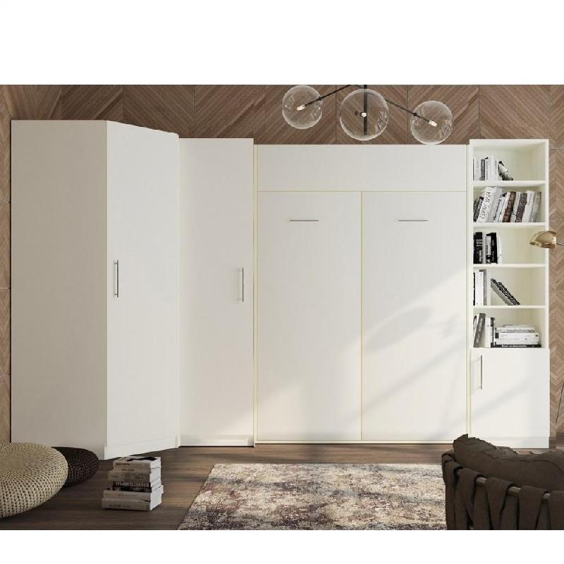 COMPOSITION ARMOIRE LIT ESCAMOTABLE DYNAMO BLANC MAT COUCHAGE 140 X 200 CM  2 COLONNES RANGEMENTS + ANGLE_2