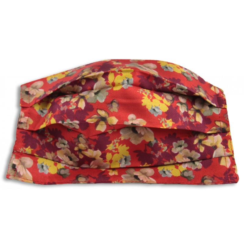 Masque lavable en soie imprimée fleurs - doublé coton - rouge - 2 couches - 3 plis - format 9x18 cm_2