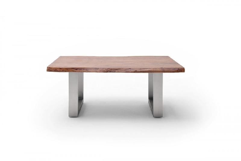 Table basse CLAREN - plateau 110 cm en acacia massif teint noyer - piétement en U acier brossé_2