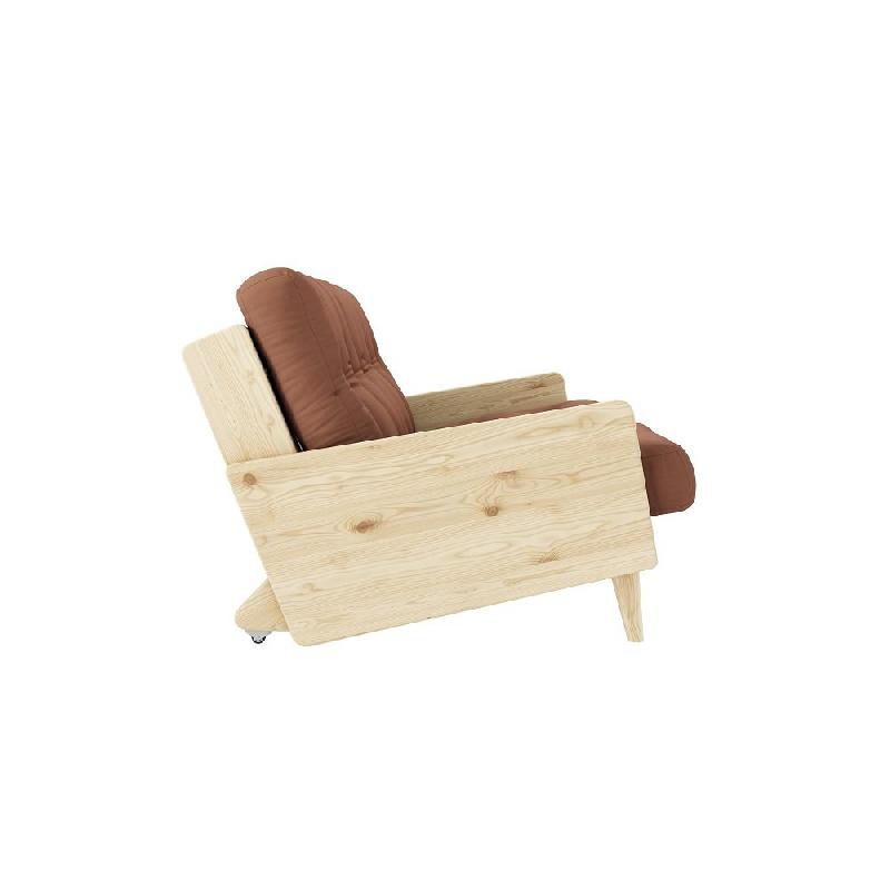 Canapé 3 places convertible Indie - Style scandinave - Futon brun argile - Couchage 130x190 cm - Roulettes et matelas capitonné_2