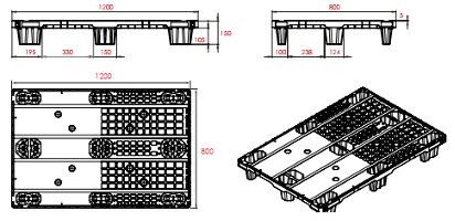 Palette de distribution en plastique 1200x800 mm - BL-1208DISPLAS - Plateau plein ou ajouré, 9 pieds emboîtables_2