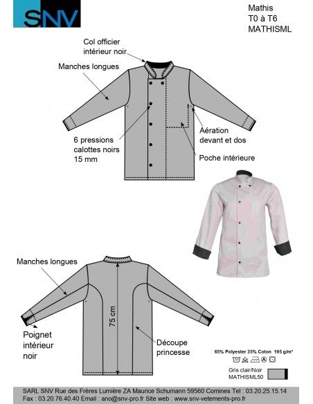 Mathisml50 - Veste de cuisine SNV - Manches longues, pressions noires, poly/coton 195 grs_2