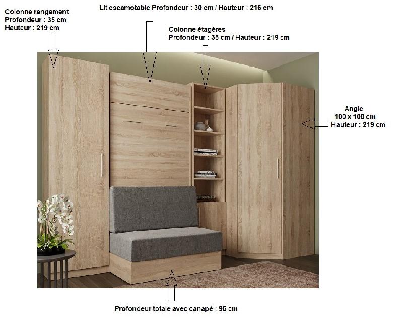 Composition angle lit escamotable Dynamo Sofa - chêne naturel, canapé rouge intégré, 90x200 cm - 301x100 cm_2
