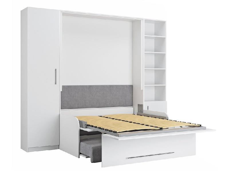 Composition lit escamotable blanc mat Sofa Automatica - canapé microfibre gris avec 2 colonnes et rangement intégré_2