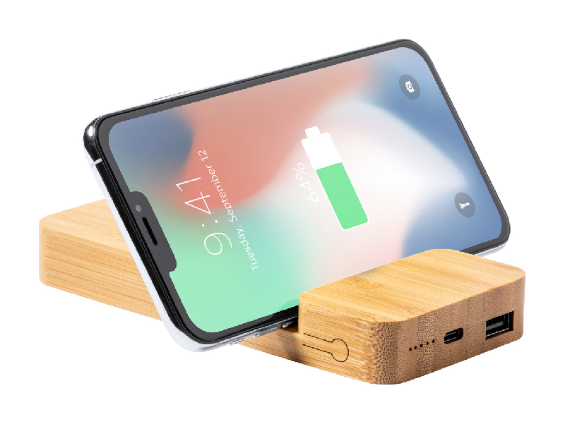 Power bank en bambou - Batterie 5000 mAh - Chargeur rapide sans fil 15W - Support mobile intégré_2