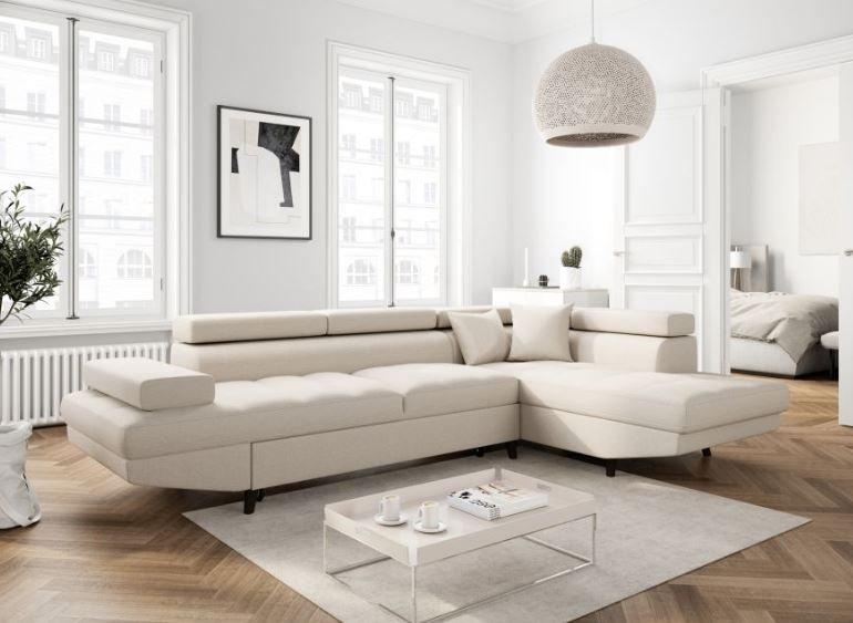 Canapé d'angle méridienne droite RINO convertible beige avec coffre de rangement et pieds laqués noirs_2