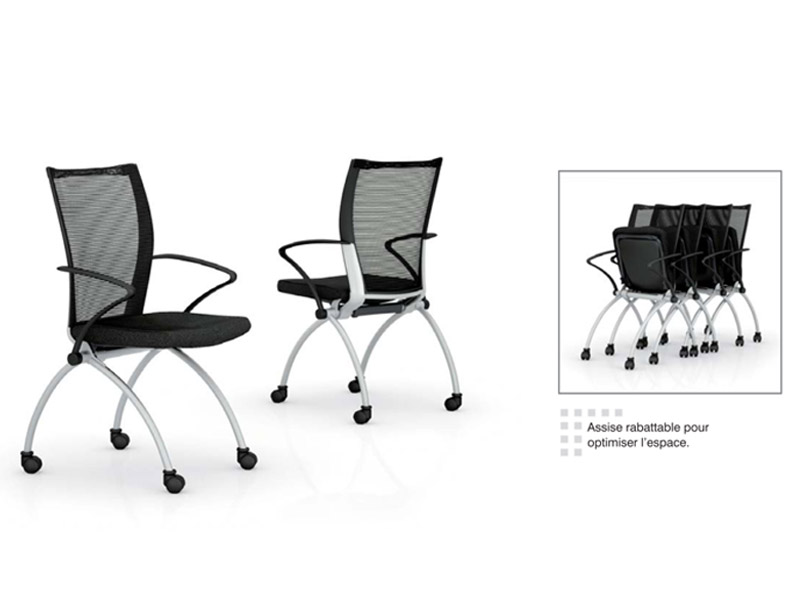 Chaise de collectivité à roulettes Siri - assise rabattable - tissu et résille - structure finition argentée_2